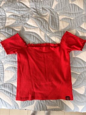 Red Ribbed Off-Shoulder Top